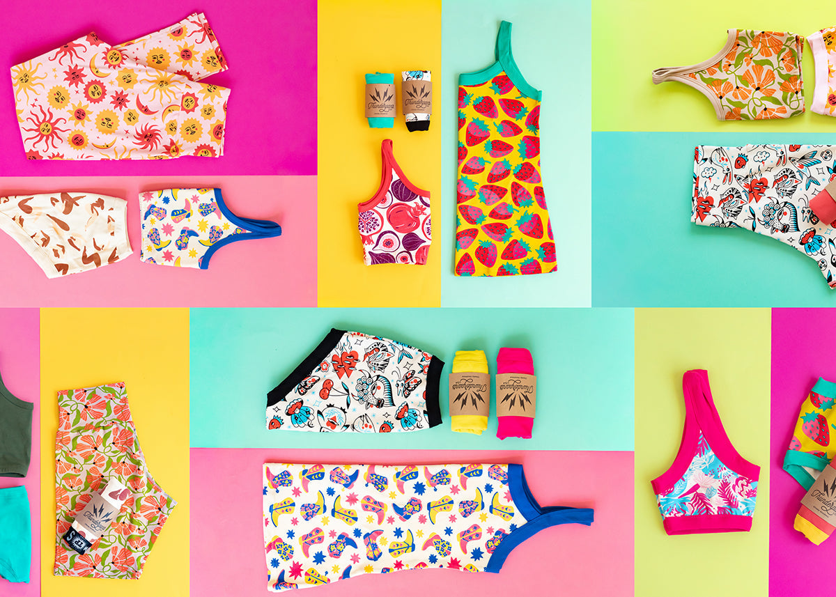 Colorful organic cotton underwear and swimwear on sale for the Thunderpants Mystery Sale – up to 45% off