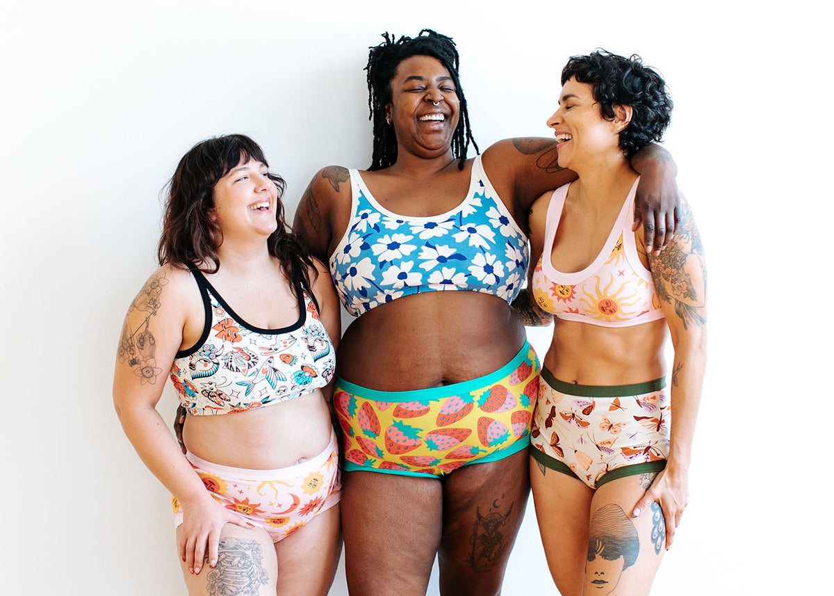Three models wearing Thunderpants sets in various styles and prints.