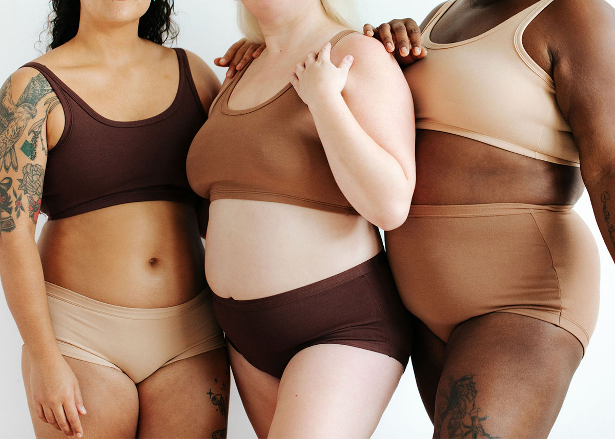 Close up of three models wearing Thunderpants mix-n-match sets of Longline Bras and various styles of underwear.