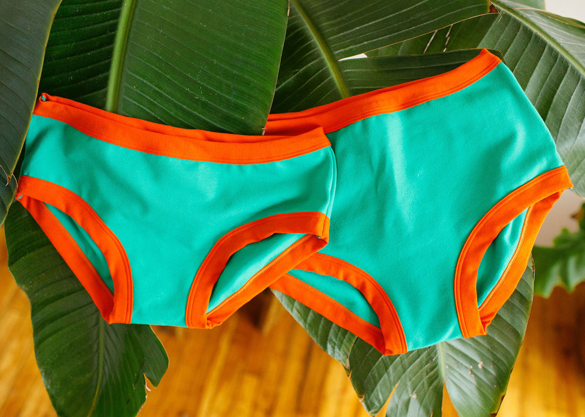Two Thunderpants underwear in Bird in Paradise - Peacock Green and Orange.