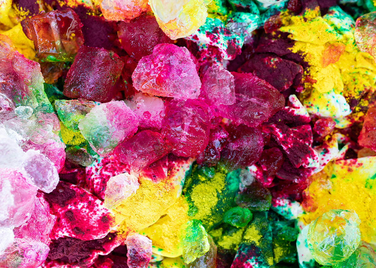Image of powdered dye on fabric with ice on top.