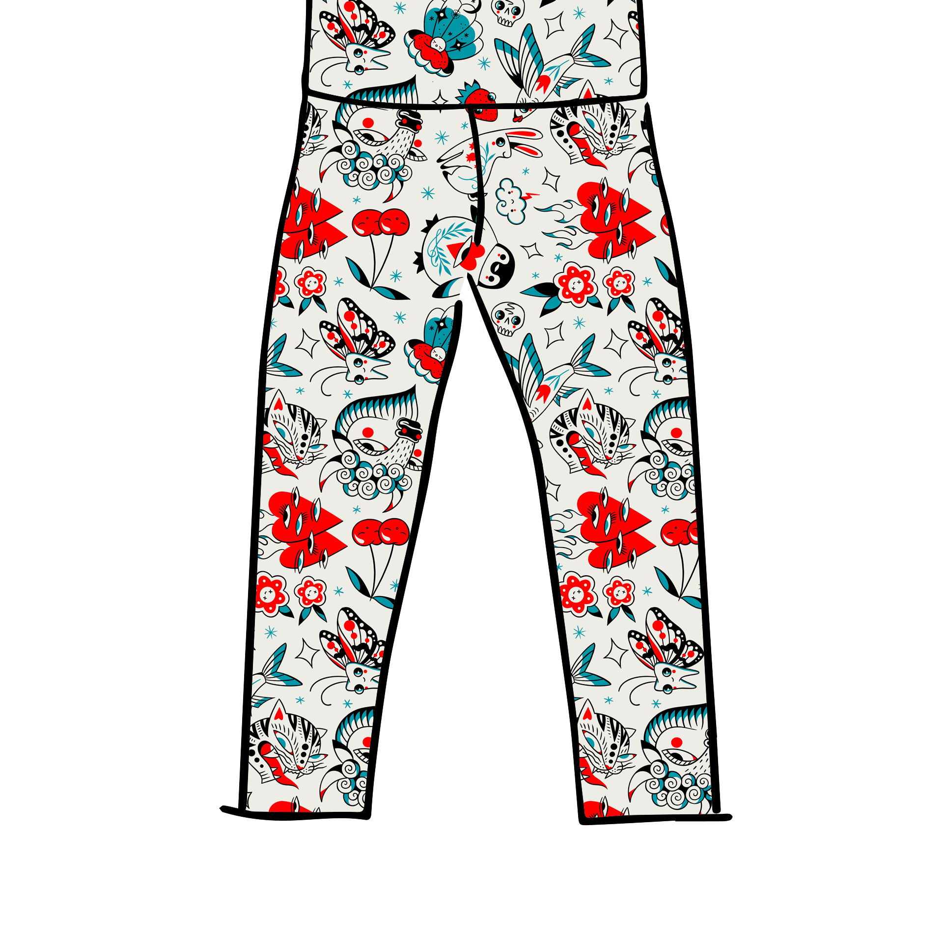 Drawing of Thunderpants 3/4 Length Leggings in Inked Up print - red, blue, and black tattoo designs.