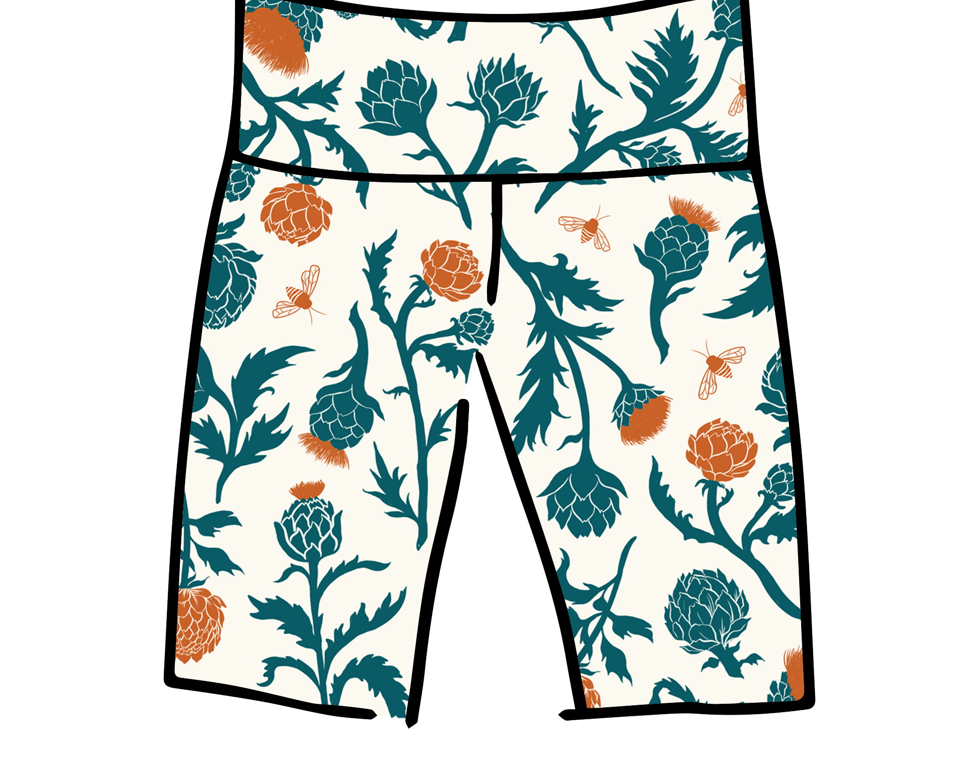 Drawing of Thunderpants Bike Shorts in Robben's Artichokes print - teal and rust artichokes and bees.
