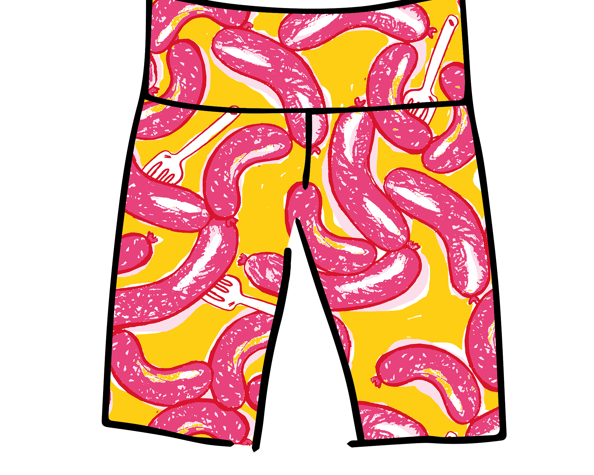 Drawing of Thunderpants Bike Shorts in Hot Dawg! print - pink sausages on yellow background.