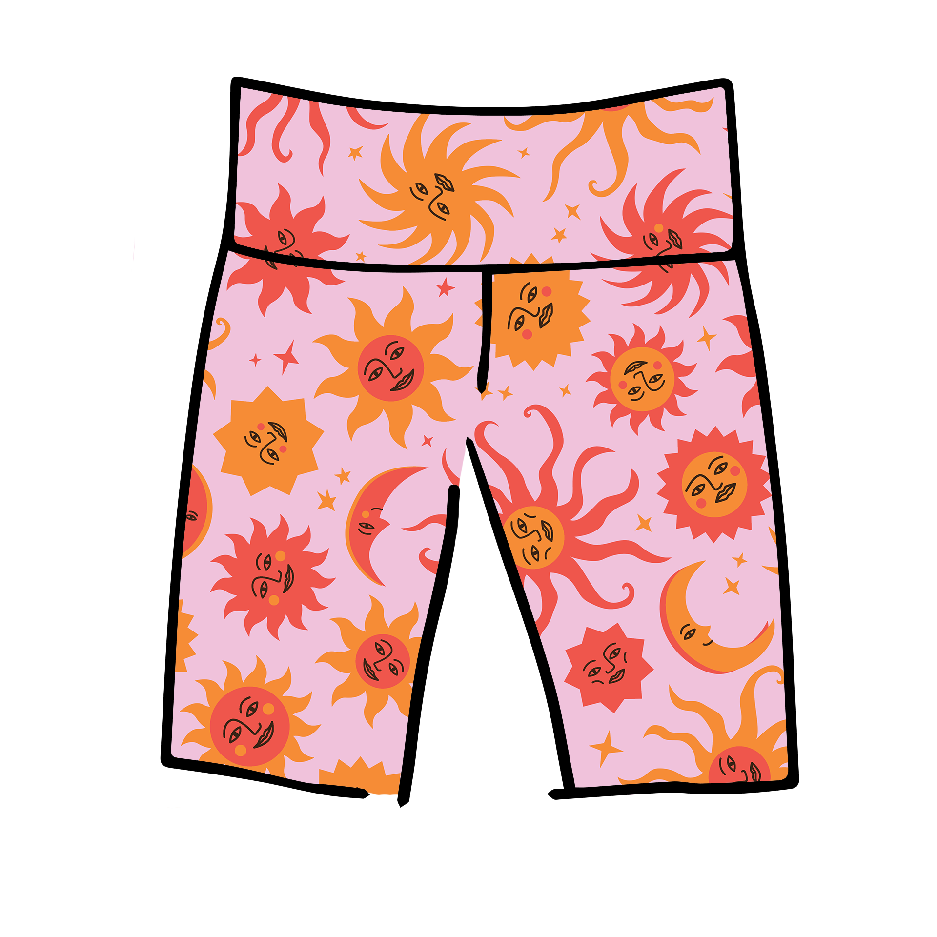 Drawing of Thunderpants Bike Shorts in Luna y Sol print - pink, yellow, and orange suns and moons.