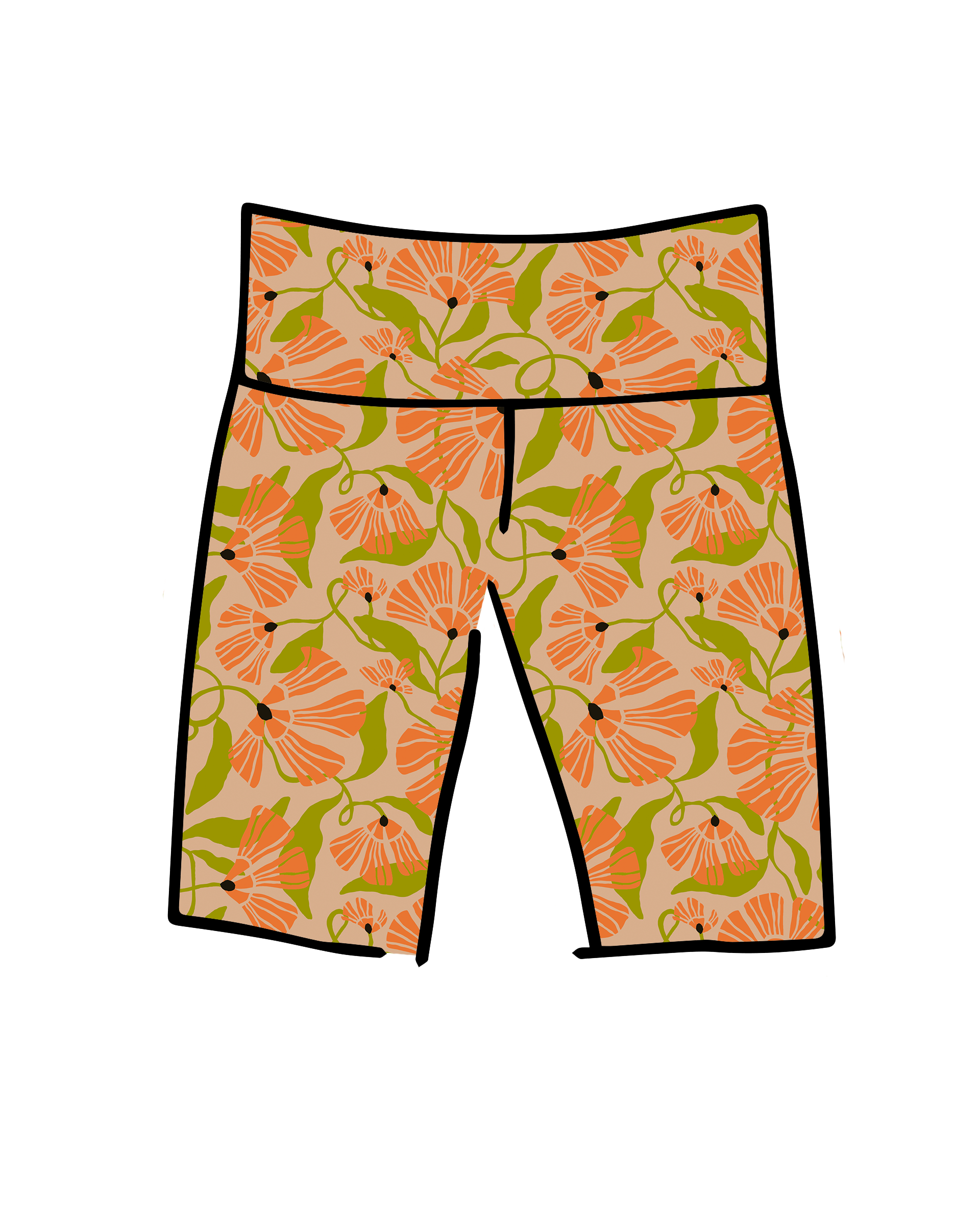 Drawing of Thunderpants Bike Shorts in Secret Garden - tan background with orange and green flowers.