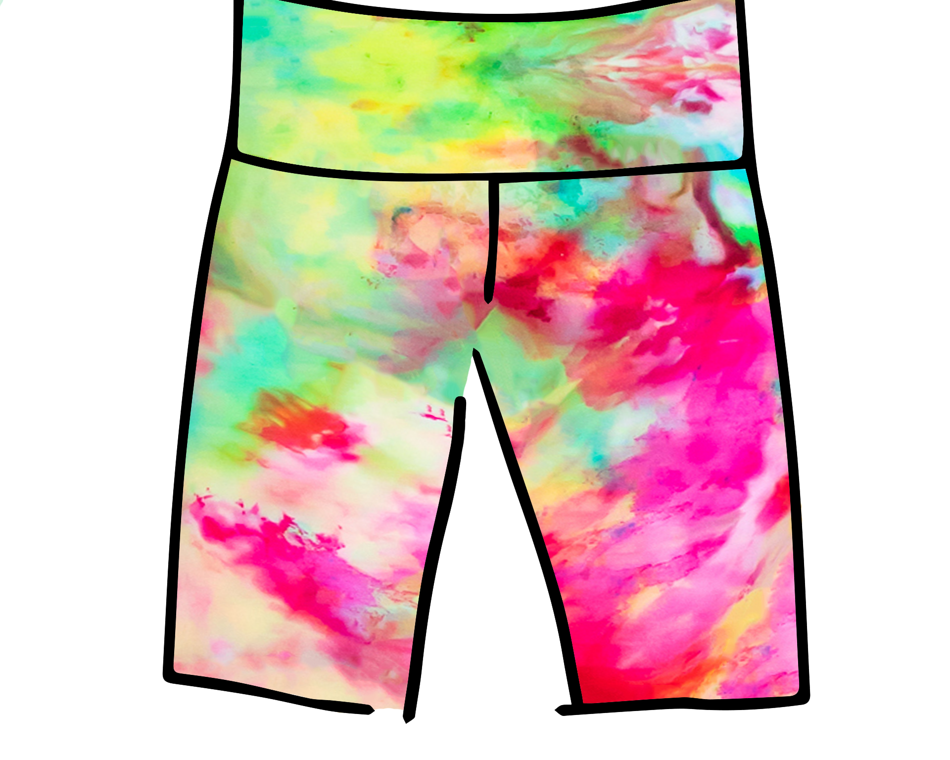 Drawing of Thunderpants Bike Shorts in Summer Crush Ice Dye - pinks, blues, yellows.