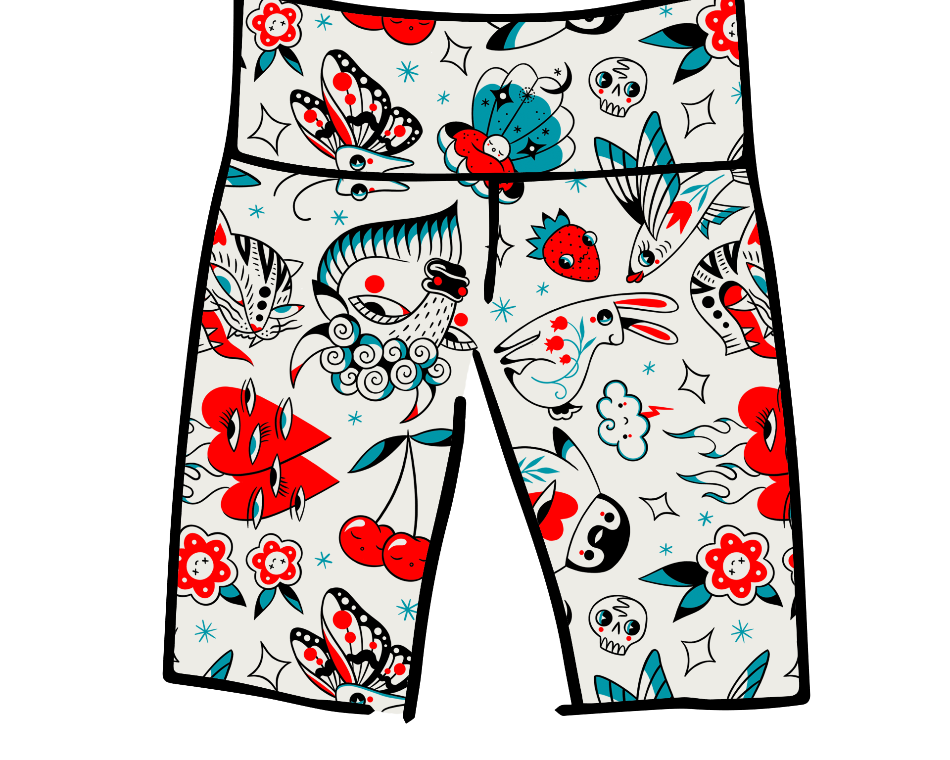 Drawing of Thunderpants Bike Shorts in Inked Up - a tattoo pattern with black, red, and blue. 