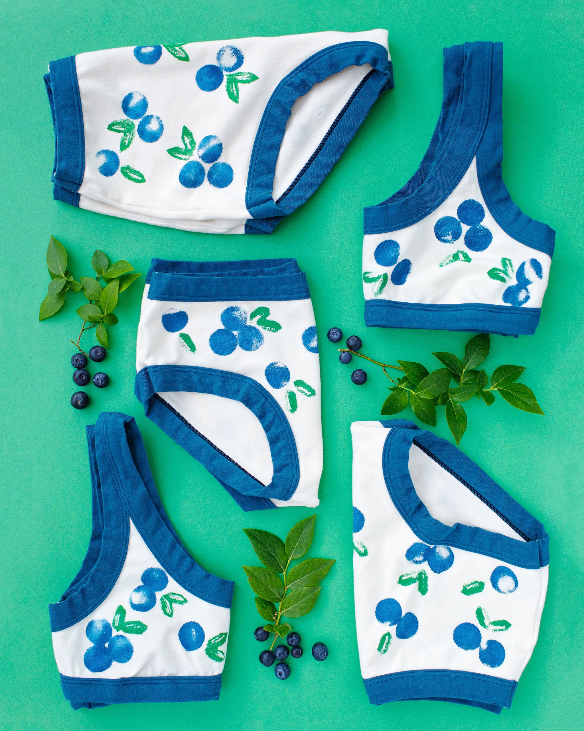 Flat lay of Thunderpants many styles of underwear and Bralette with a blue and green Blueberry print and blue binding. 