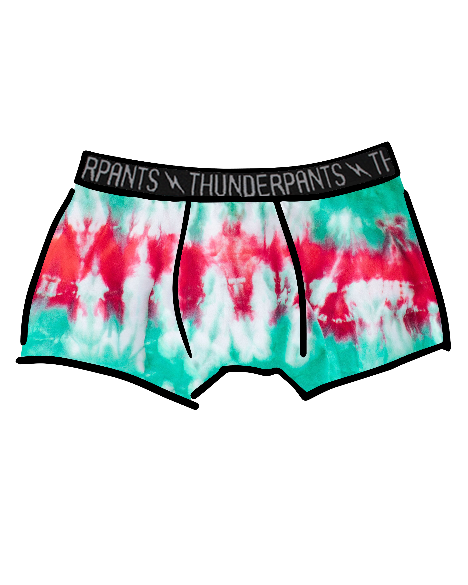 Drawing of Thunderpants Boxer Brief style underwear in Holiday Dye - red and green tie dye with green binding. 