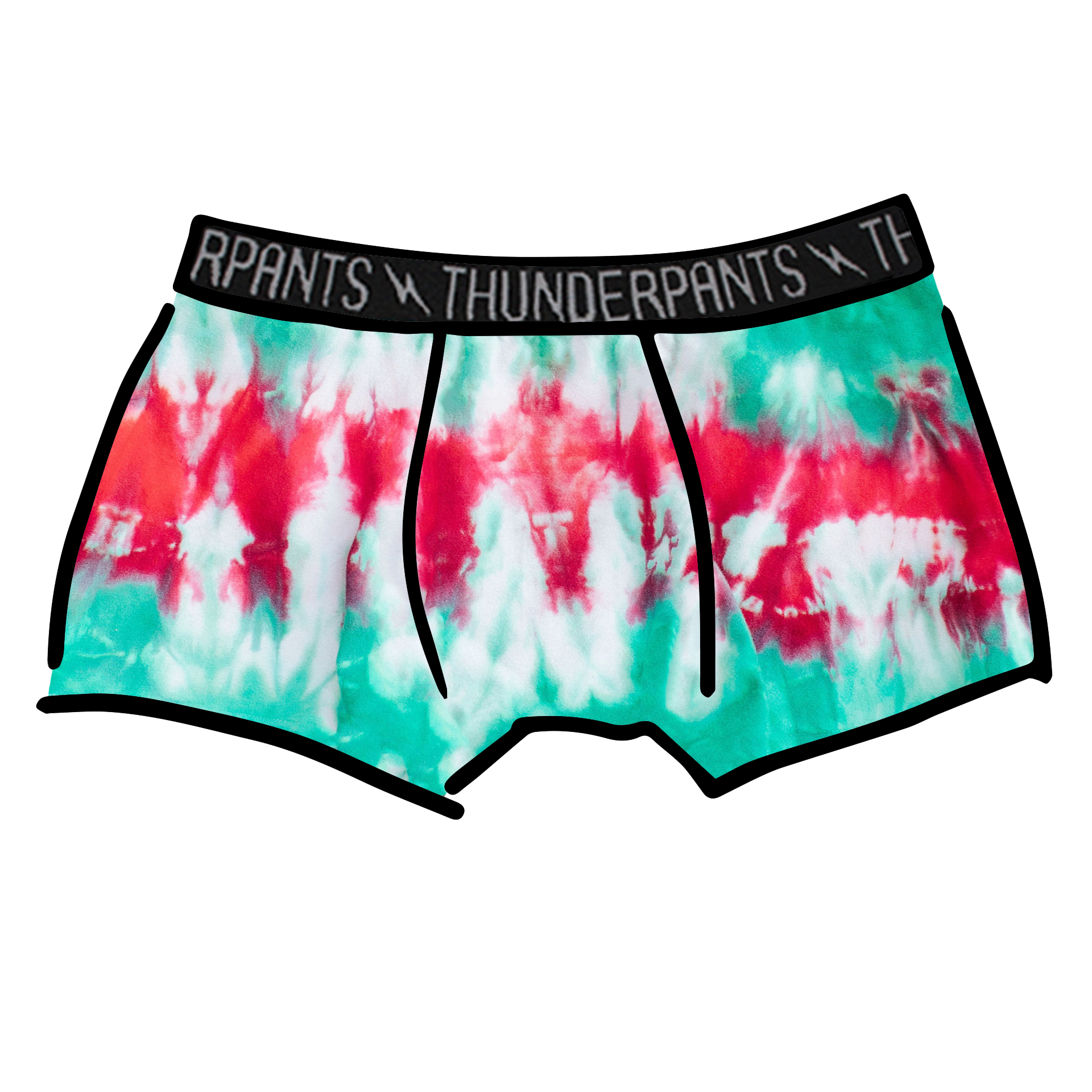 Drawing of Thunderpants Boxer Brief style underwear in Holiday Dye - red and green tie dye with green binding. 