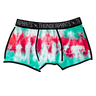 Drawing of Thunderpants Boxer Brief style underwear in Holiday Dye - red and green tie dye with green binding. 