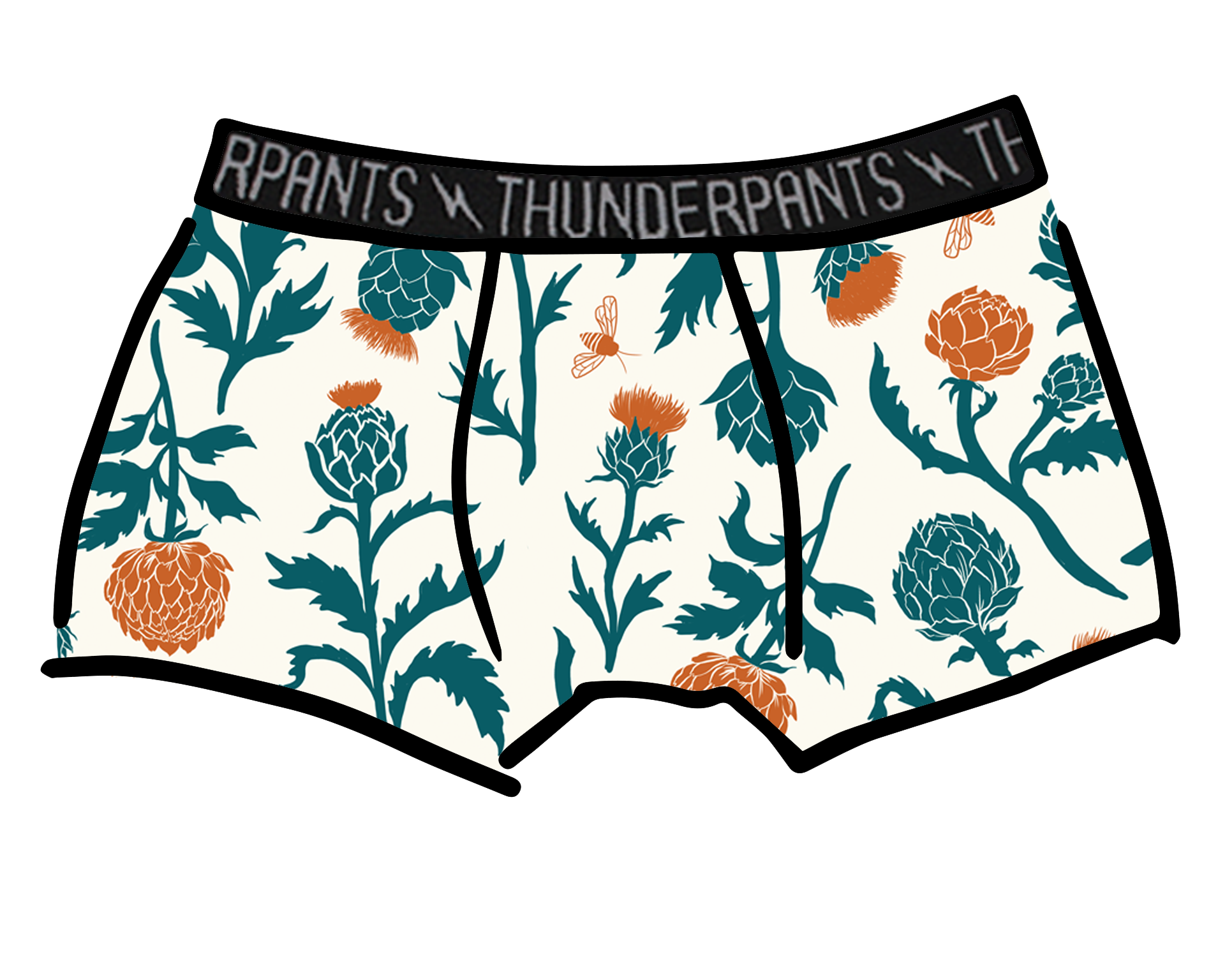 Drawing of Thunderpants Boxer Brief style underwear in Robben's Artichokes print - teal and rust artichokes and bees.
