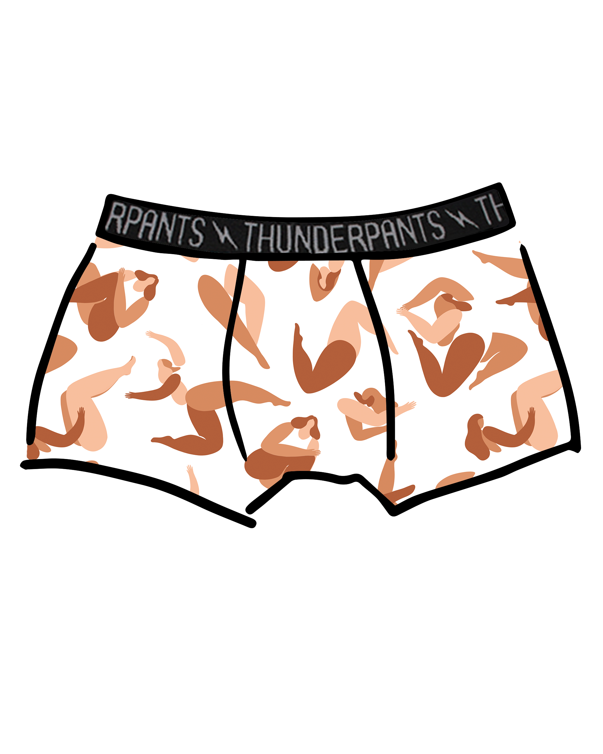 Drawing of Thunderpants Boxer Brief style underwear in Bodies in Motion - women dancing in various neutral colors.