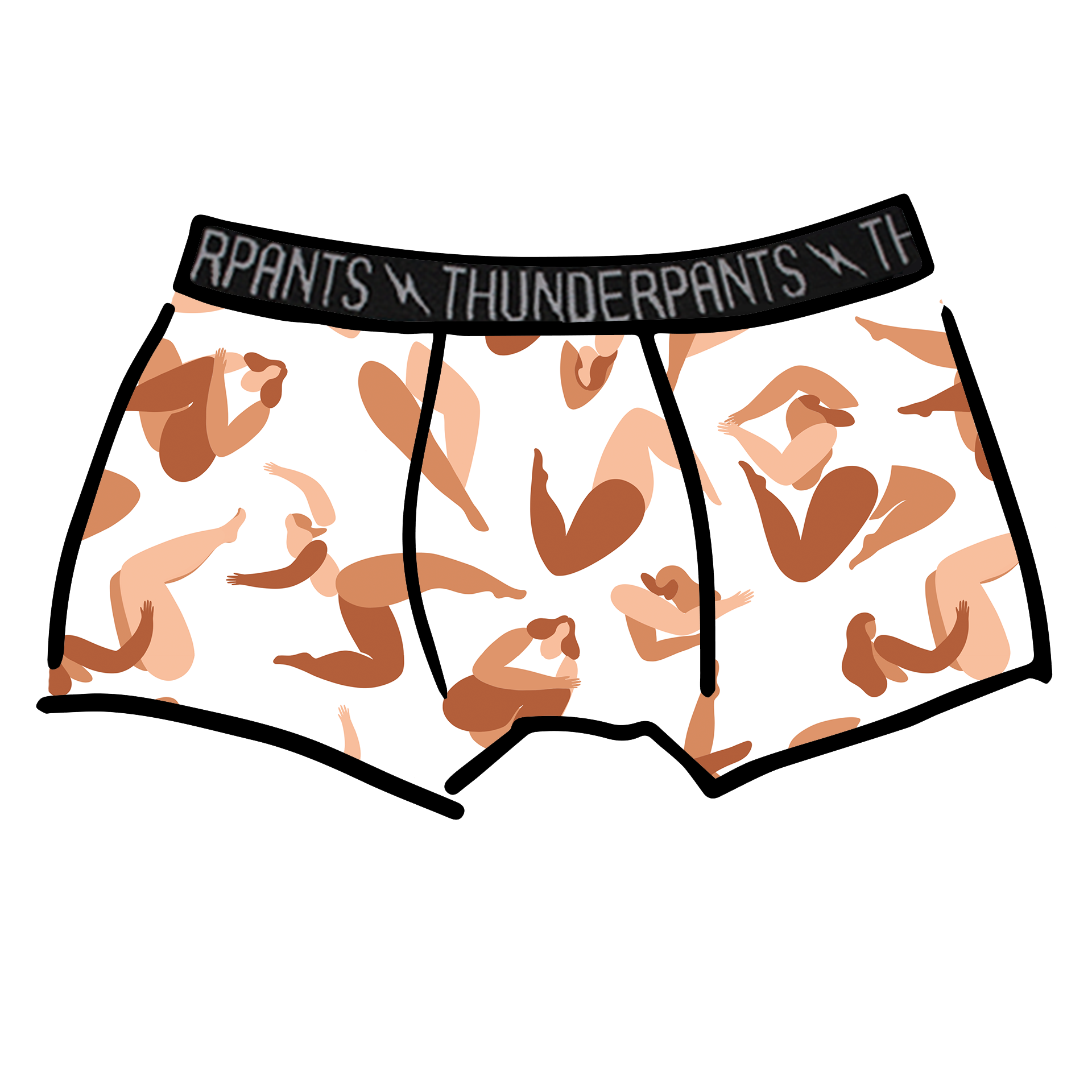 Drawing of Thunderpants Boxer Brief style underwear in Bodies in Motion - women dancing in various neutral colors.
