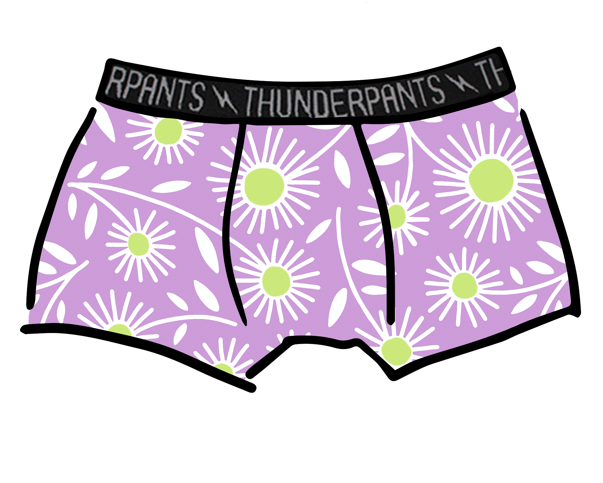 Drawing of Thunderpants Boxer Brief style underwear in Delia's Daisy - white, green, and purple daisies print.