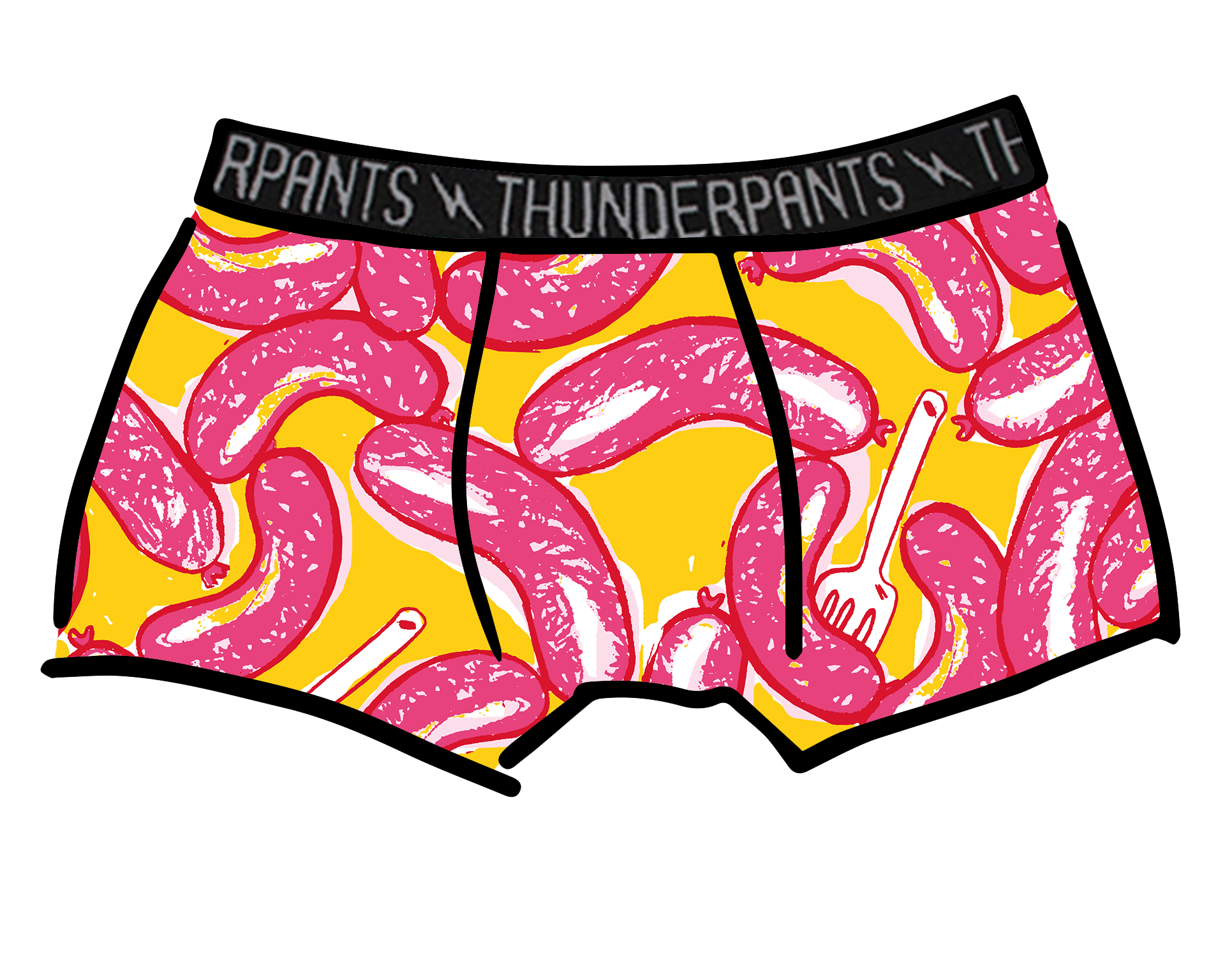 Drawing of Thunderpants Boxer Brief style underwear in Hot Dawg! print - pink sausages on yellow background and red binding.