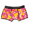Drawing of Thunderpants Boxer Brief style underwear in Hot Dawg! print - pink sausages on yellow background and red binding.