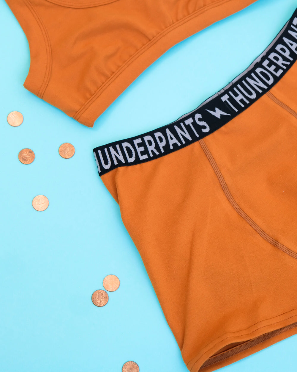 Flat lay of Thunderpants Boxer Brief styler underwear in Lucky Penny - a rust color.
