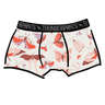 Drawing of Thunderpants Boxer Brief style underwear in Field Day: a moth print in red, orange, pink, and purple.