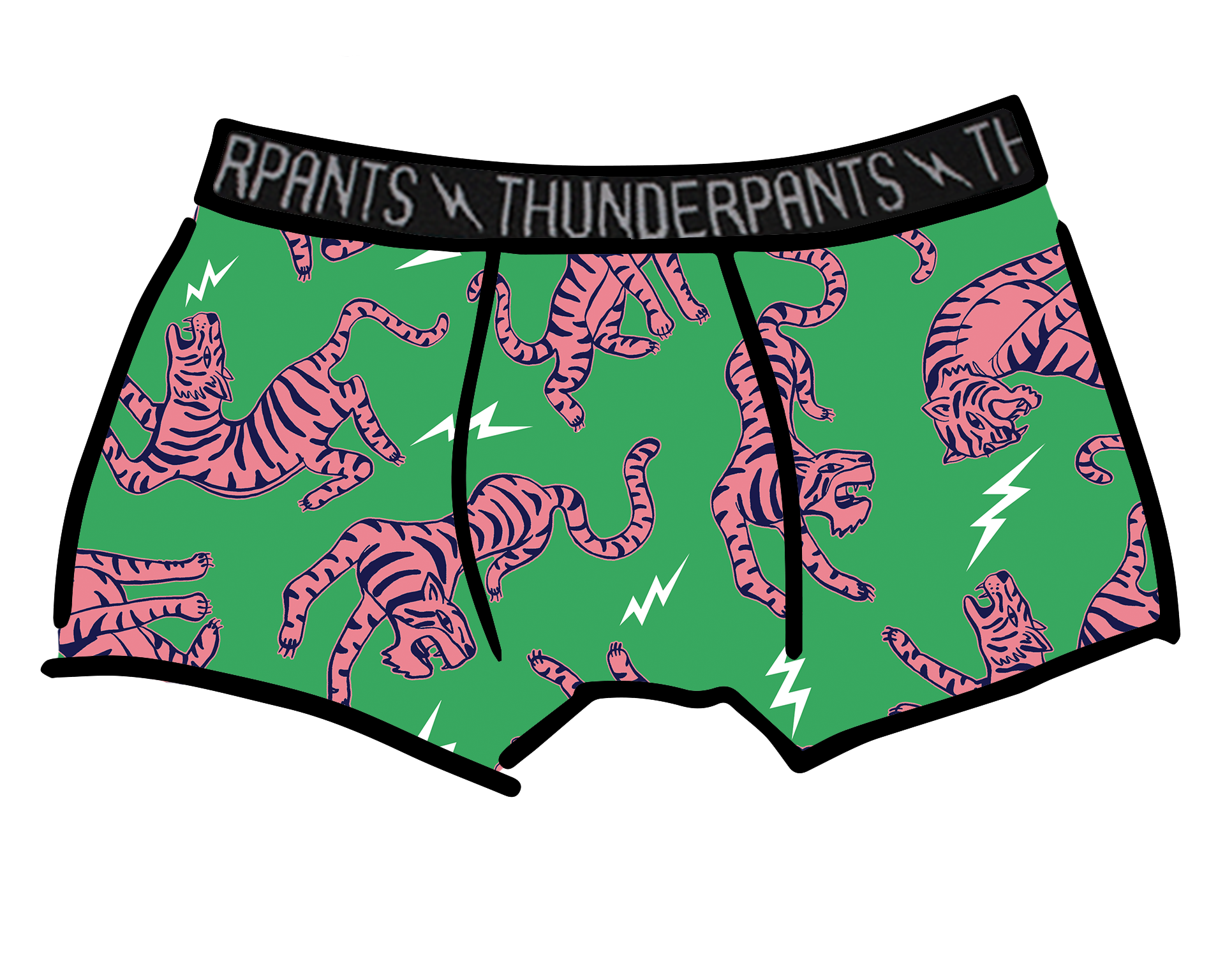 Drawing of Thunderpants organic cotton Boxer Brief in Electric Tiger - green with pink and blue tigers and white lightning bolts.