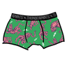 Drawing of Thunderpants organic cotton Boxer Brief in Electric Tiger - green with pink and blue tigers and white lightning bolts.