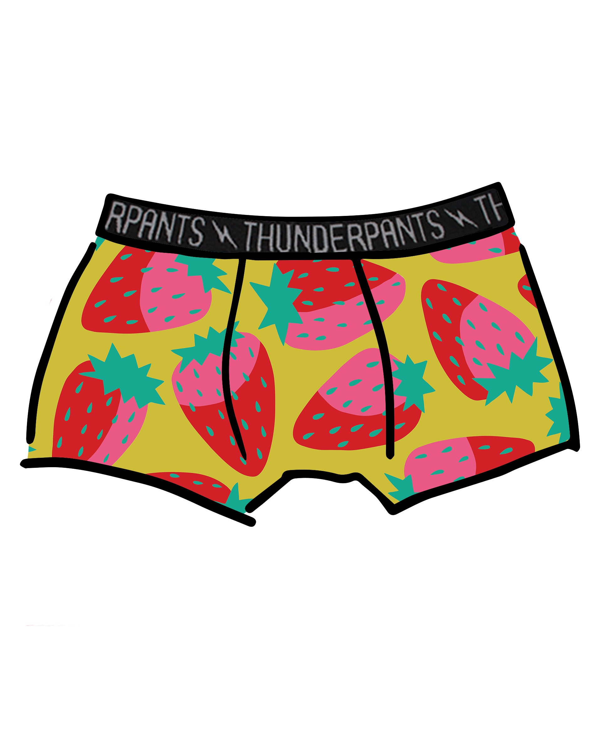 Drawing of Thunderpants Boxer Brief in a Strawberry print - pink, red, and peacock green on chartreuse. 