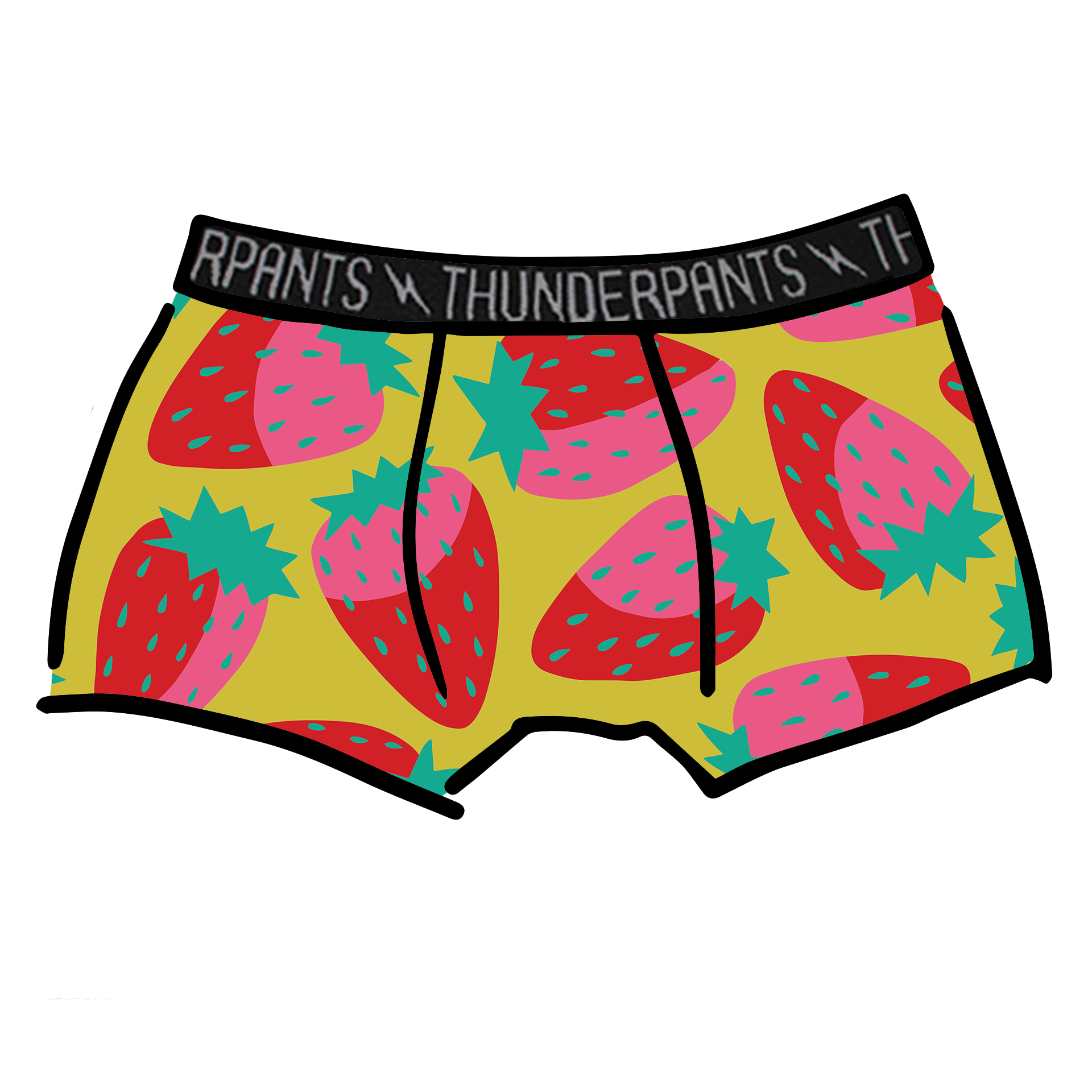 Drawing of Thunderpants Boxer Brief in a Strawberry print - pink, red, and peacock green on chartreuse. 