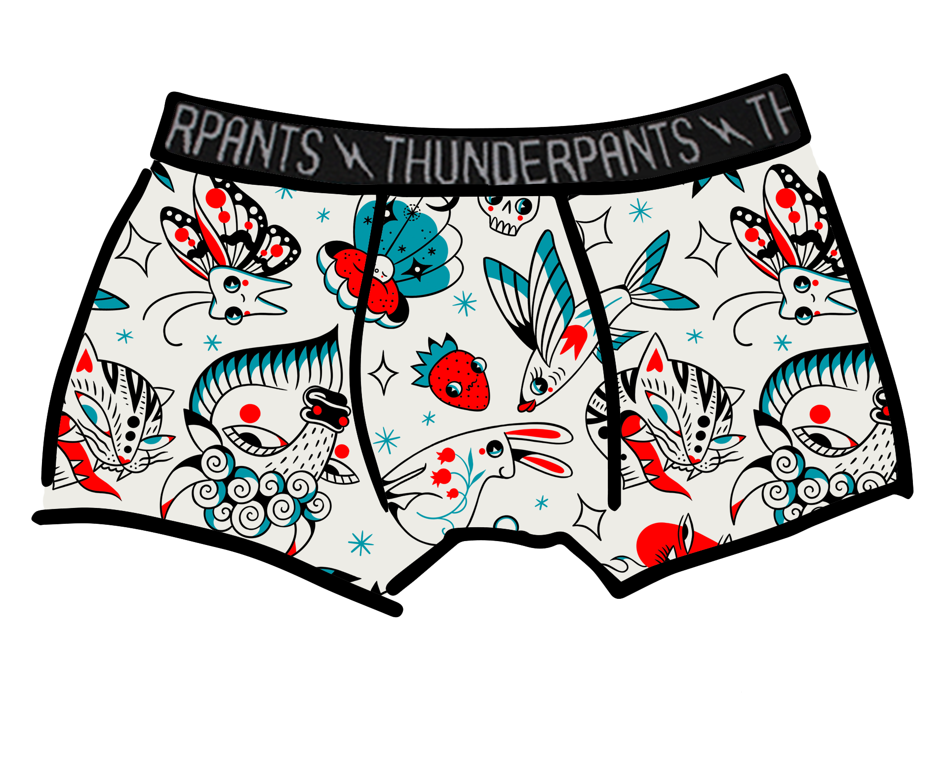 Drawing of Thunderpants Boxer Brief style underwear in Inked Up - a tattoo pattern with black, red, and blue. 