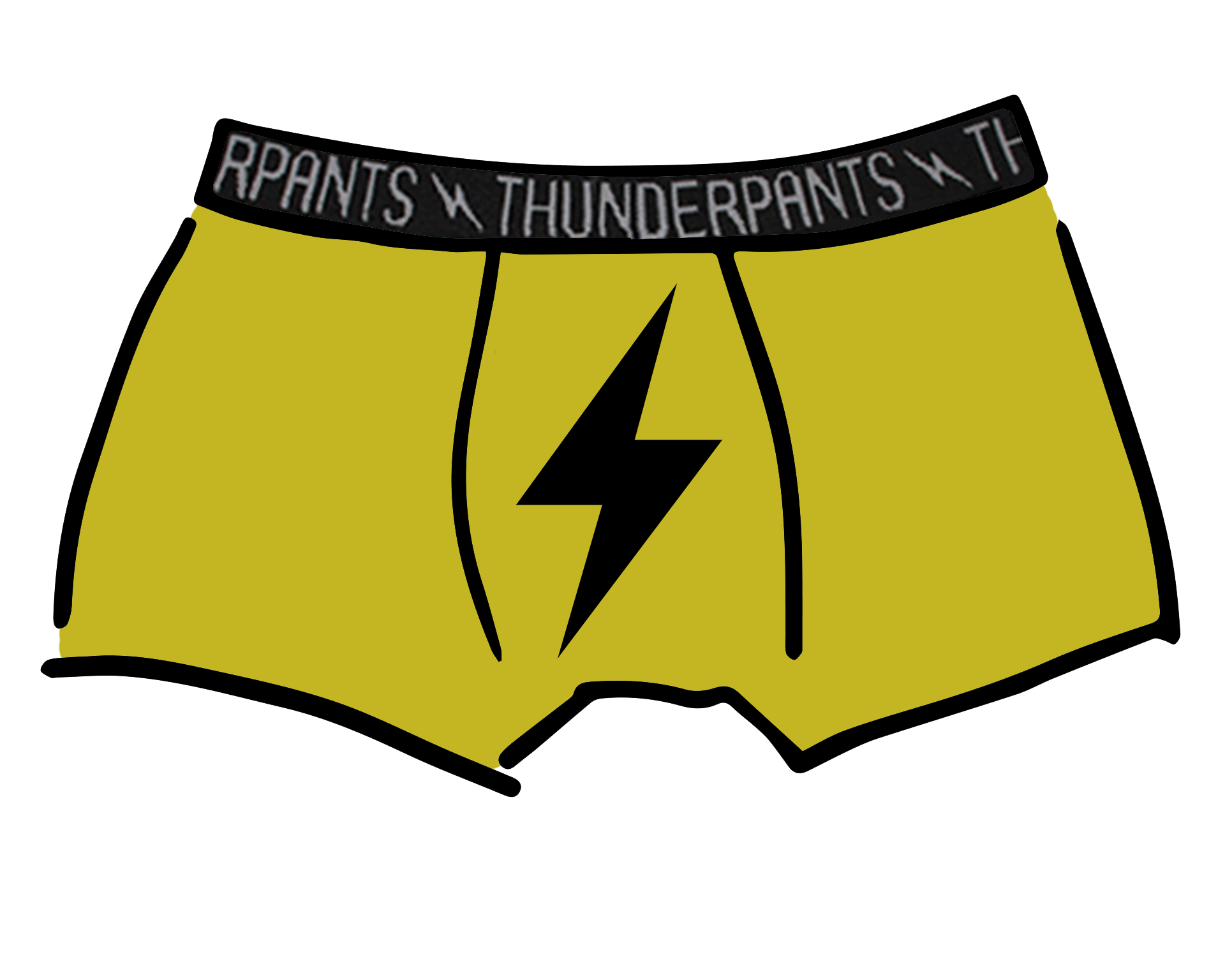 Drawing of Thunderpants Boxer Brief style underwear in Thunderstruck - yellow with a black lightning bolt.
