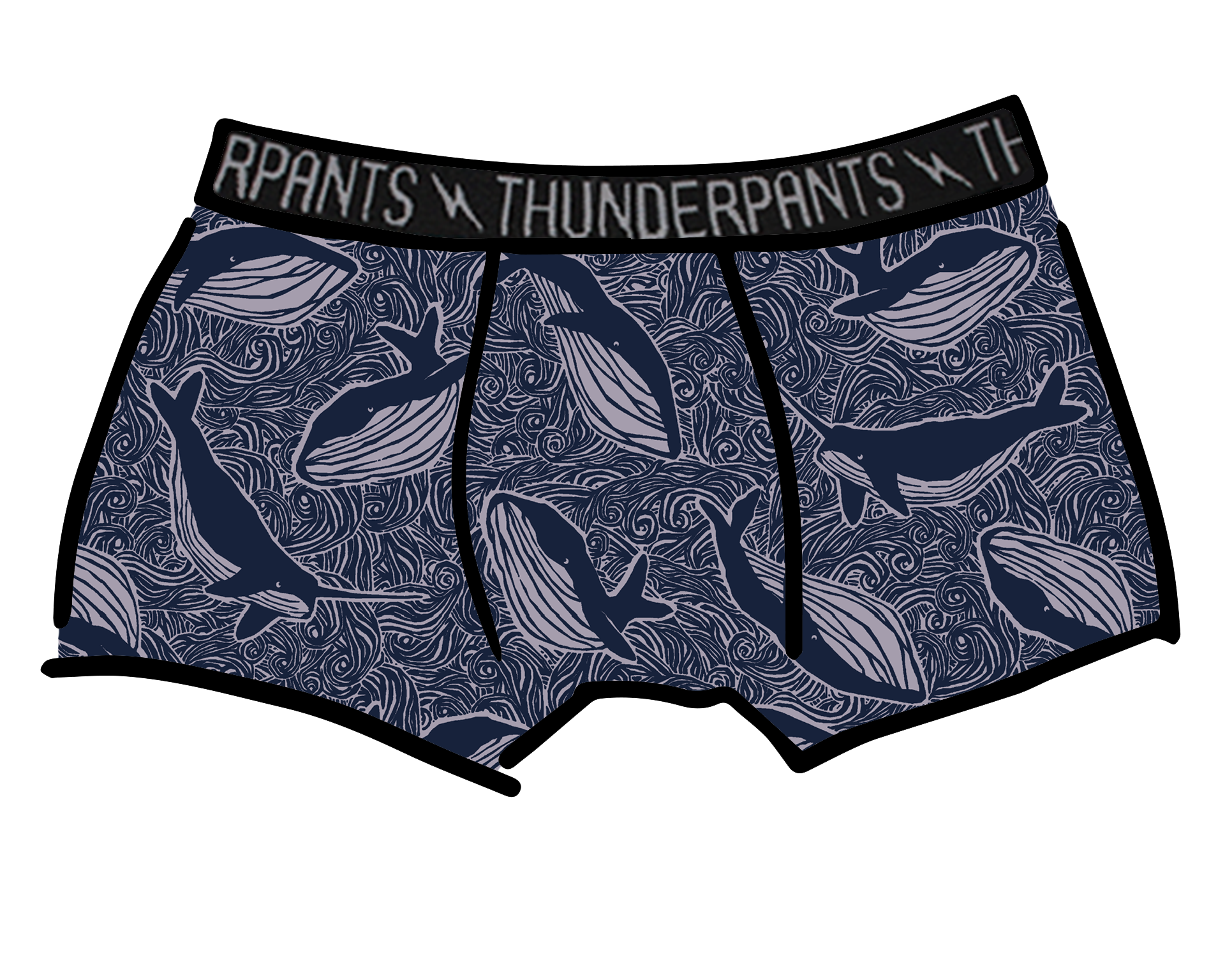 Drawing of Thunderpants Boxer Brief style underwear in Whale, Whale, Whale print - indigo whales on lavender.