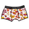 Drawing of Thunderpants Boxer Brief style underwear in Whadda Fungi - red, yellow, and orange mushroom print.