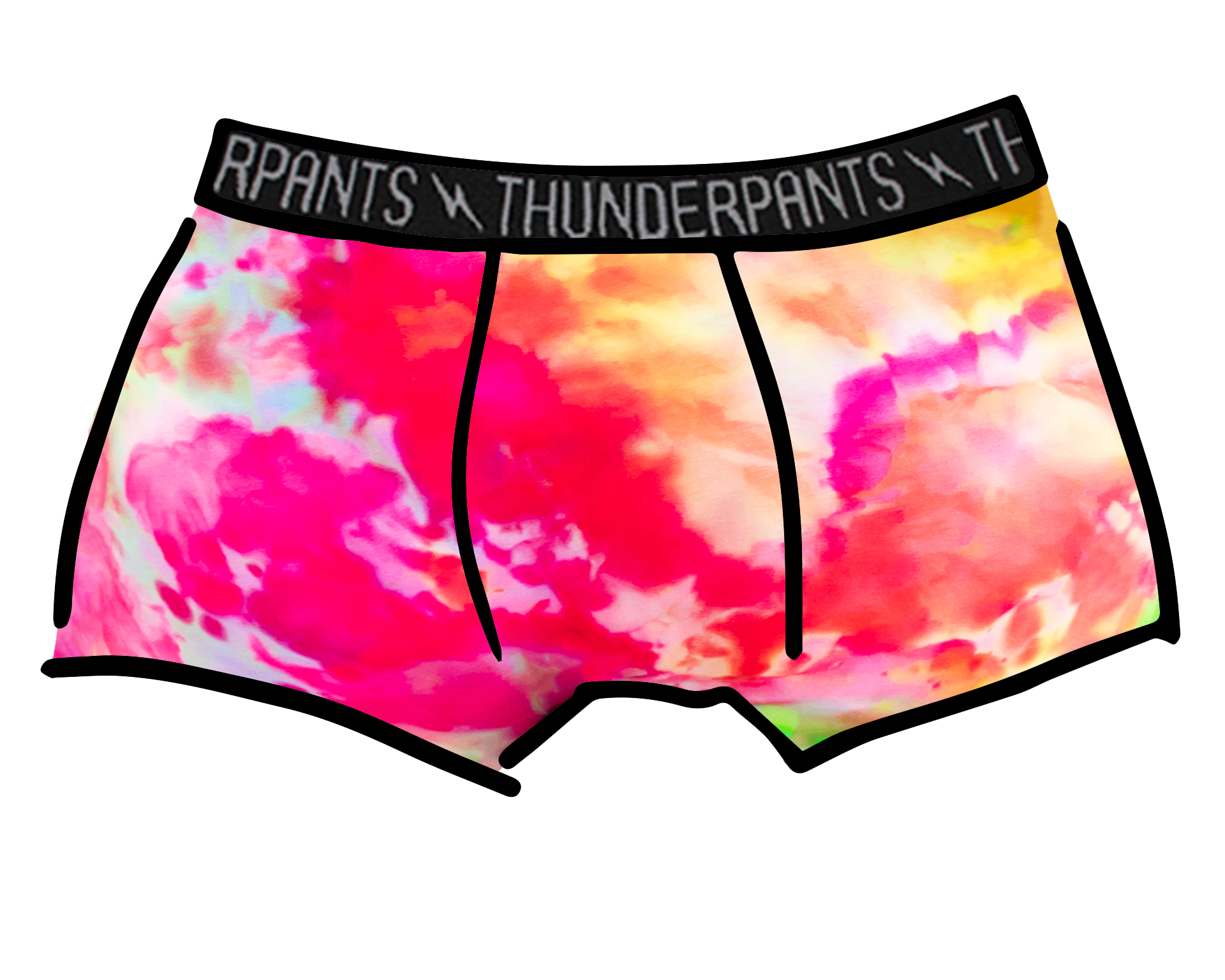 Drawing of Thunderpants Boxer brief style underwear in Summer Crush Ice Dye - pinks, blues, yellows. 