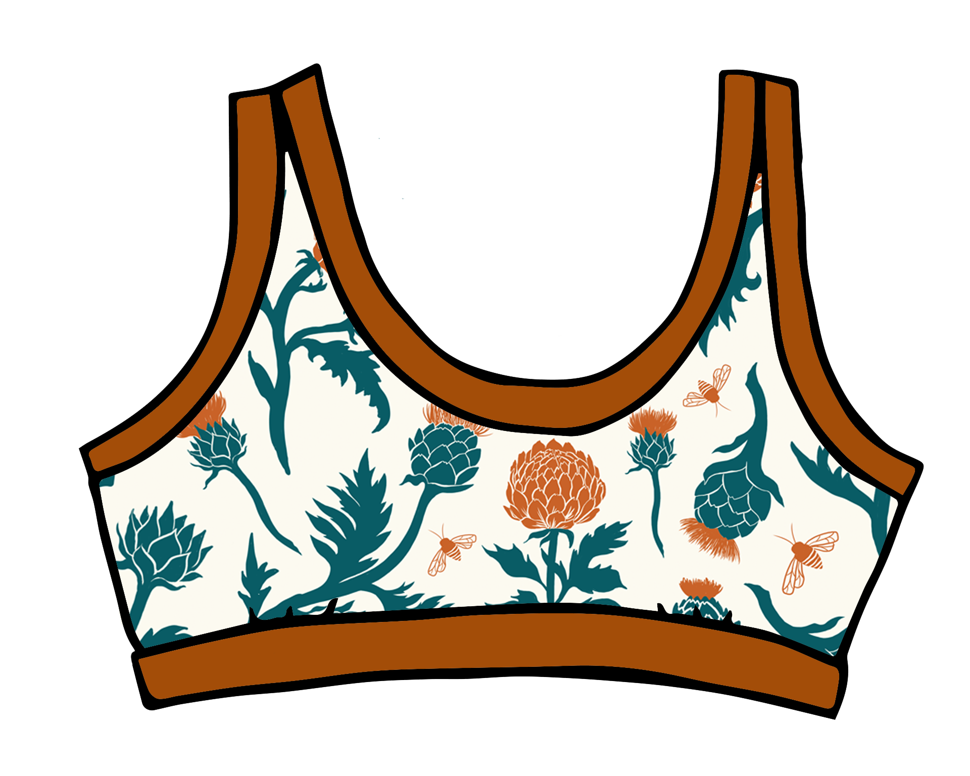 Drawing of Thunderpants Bralette in Robben's Artichokes print - teal and rust artichokes and bees.