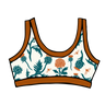 Drawing of Thunderpants Bralette in Robben's Artichokes print - teal and rust artichokes and bees.