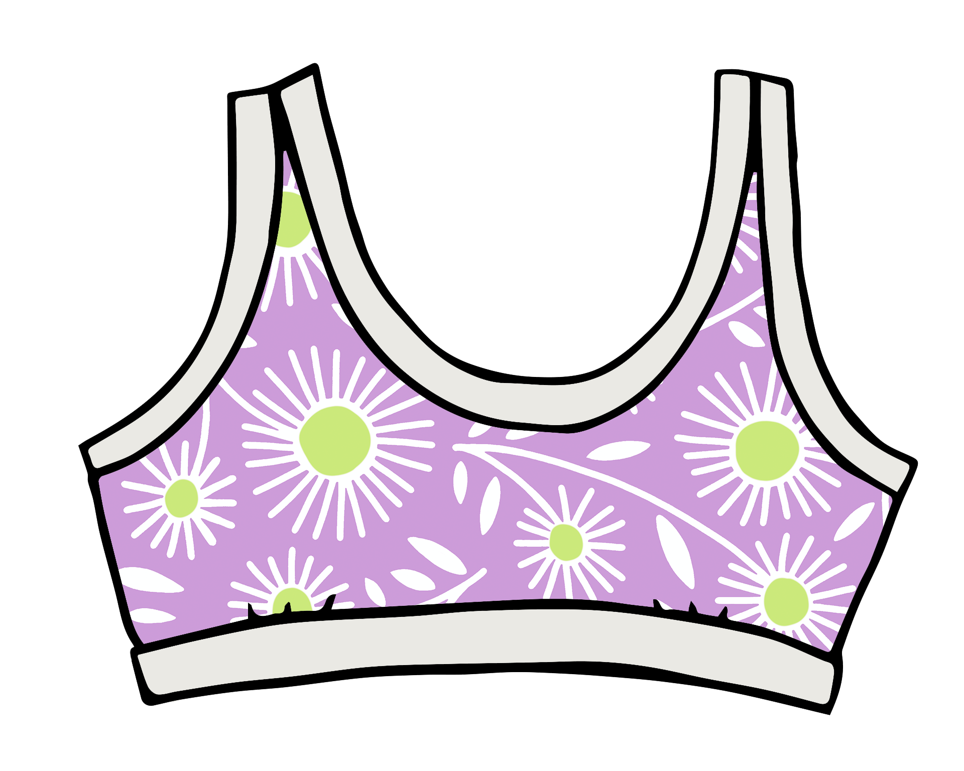 Drawing of Thunderpants Bralette in Delia's Daisy - white, green, and purple daisies print.