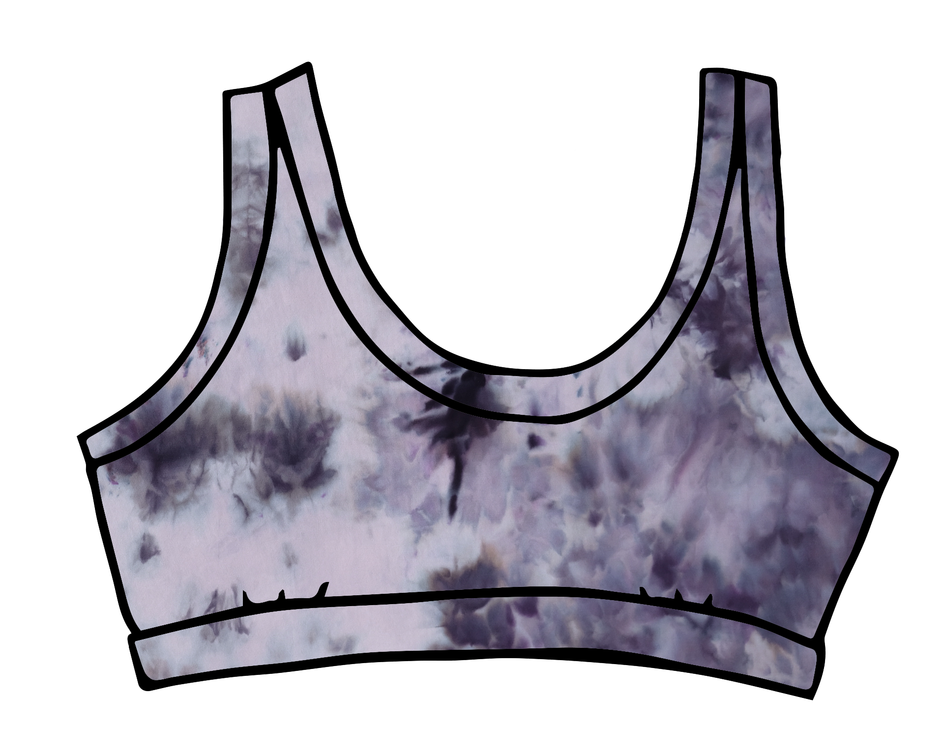Drawing of Thunderpants Bralette in Haunted Haze Ice Dye - purply grey dye pattern.