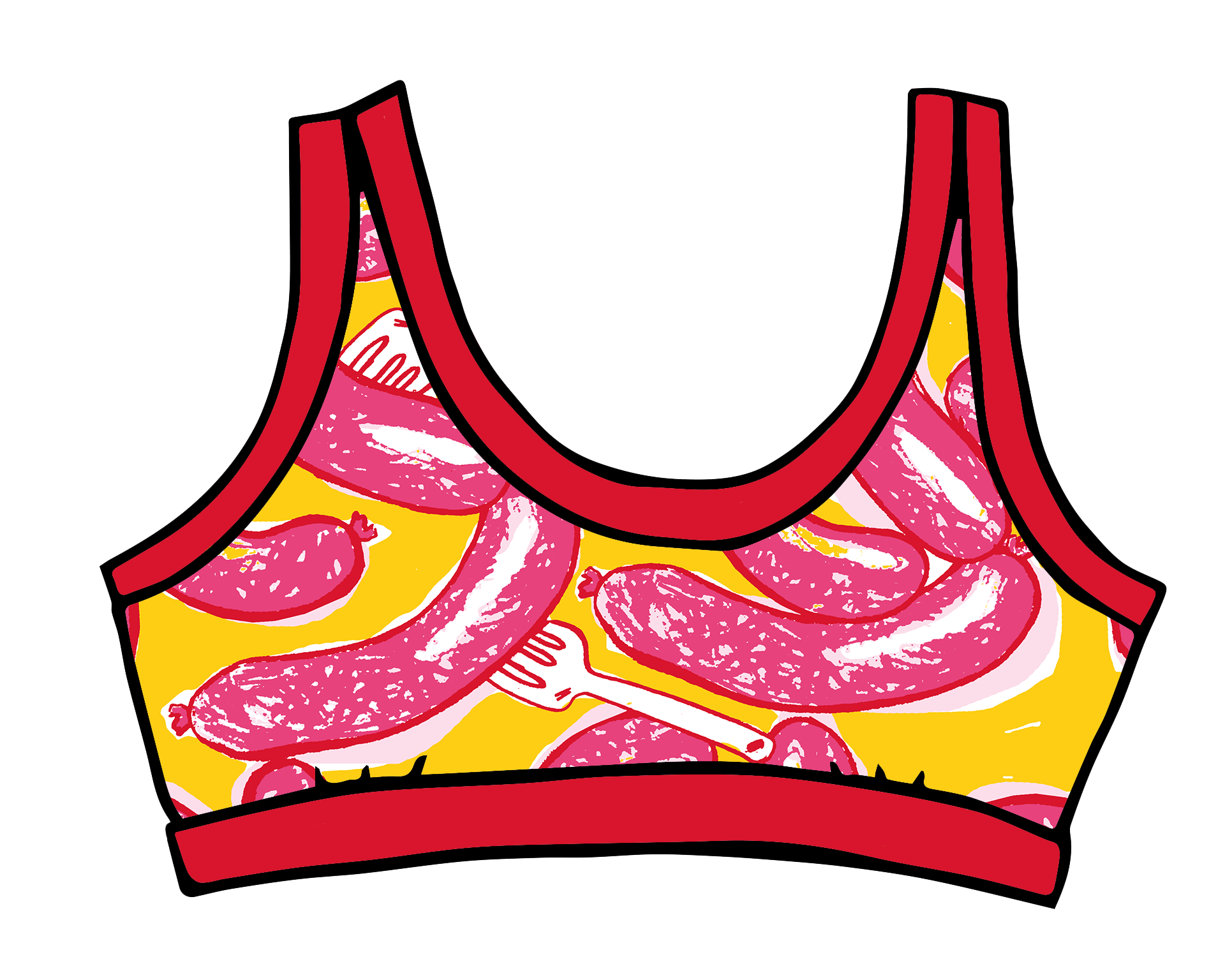 Drawing of Thunderpants Bralette in Hot Dawg! print - pink sausages on yellow background and red binding.
