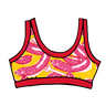 Drawing of Thunderpants Bralette in Hot Dawg! print - pink sausages on yellow background and red binding.