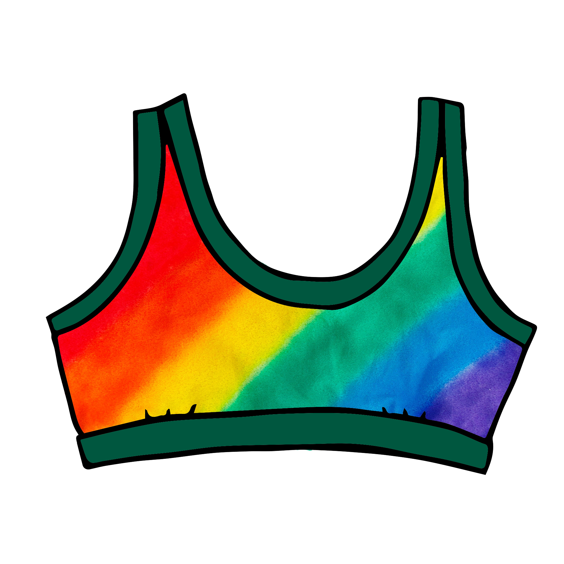 Drawing of Thunderpants organic cotton Bralette in hand painted rainbow stripes for Pride.
