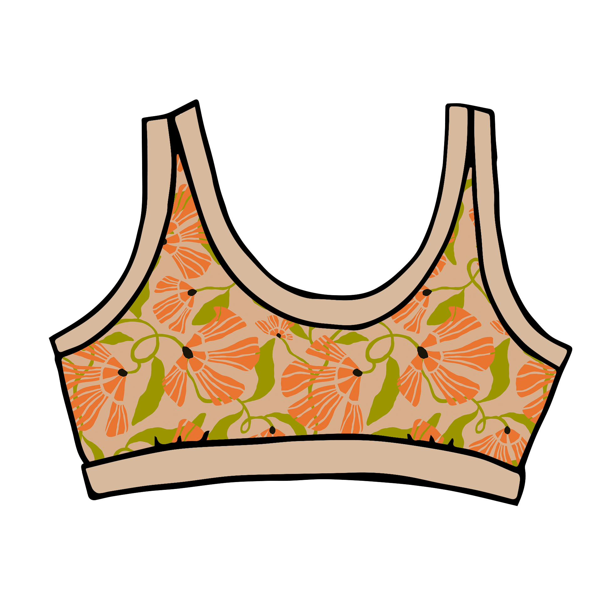 Drawing of Thunderpants Bralette in Secret Garden print - orange and green flowers on tan.