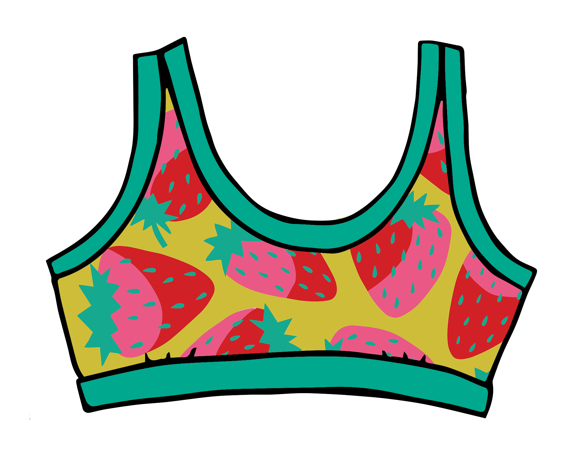 Drawing of Thunderpants Bralette in Strawberry print - pink, red, and peacock green on chartreuse. 