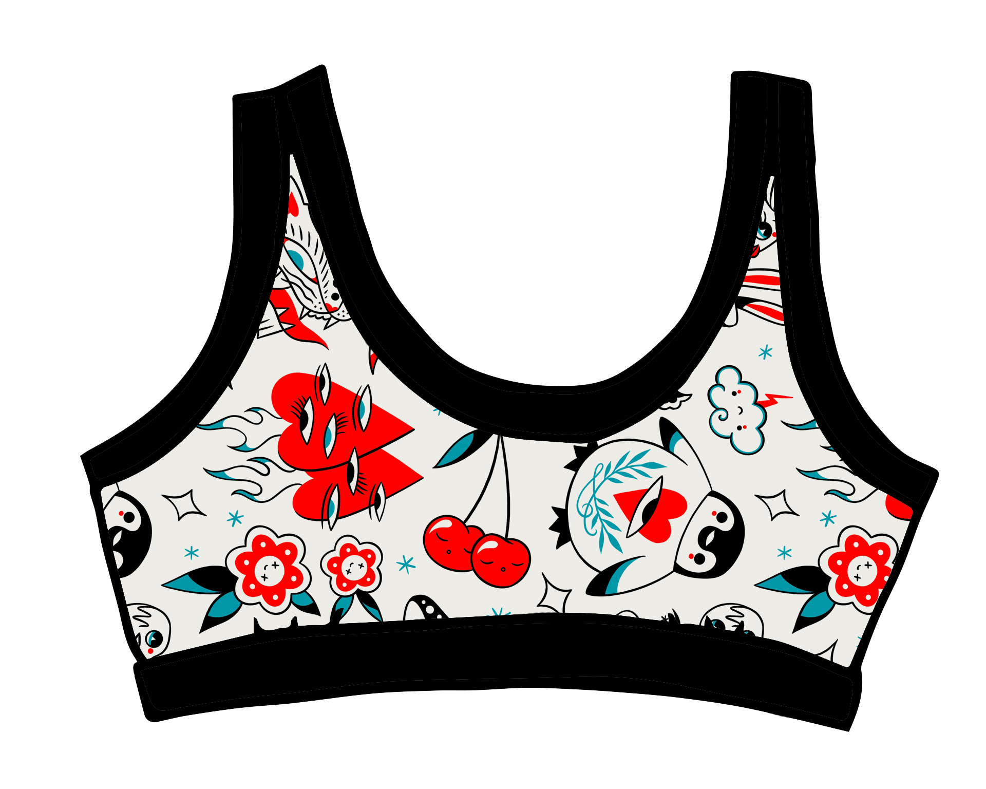 Drawing of Thunderpants Bralette in Inked Up - a tattoo pattern with black, red, and blue. 