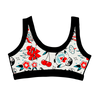 Drawing of Thunderpants Bralette in Inked Up - a tattoo pattern with black, red, and blue. 