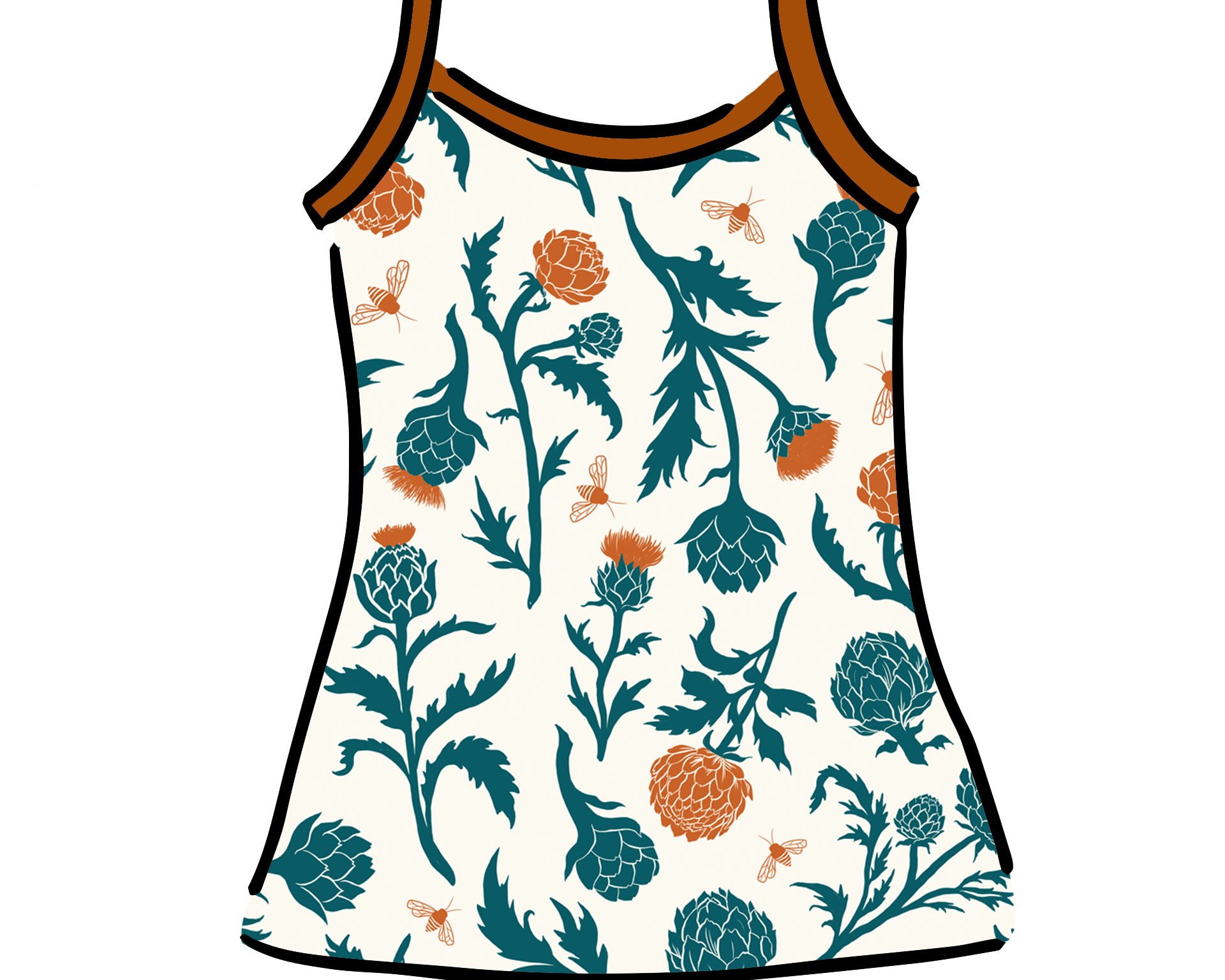 Drawing of Thunderpants Cami in Robben's Artichokes print - teal and rust artichokes and bees.