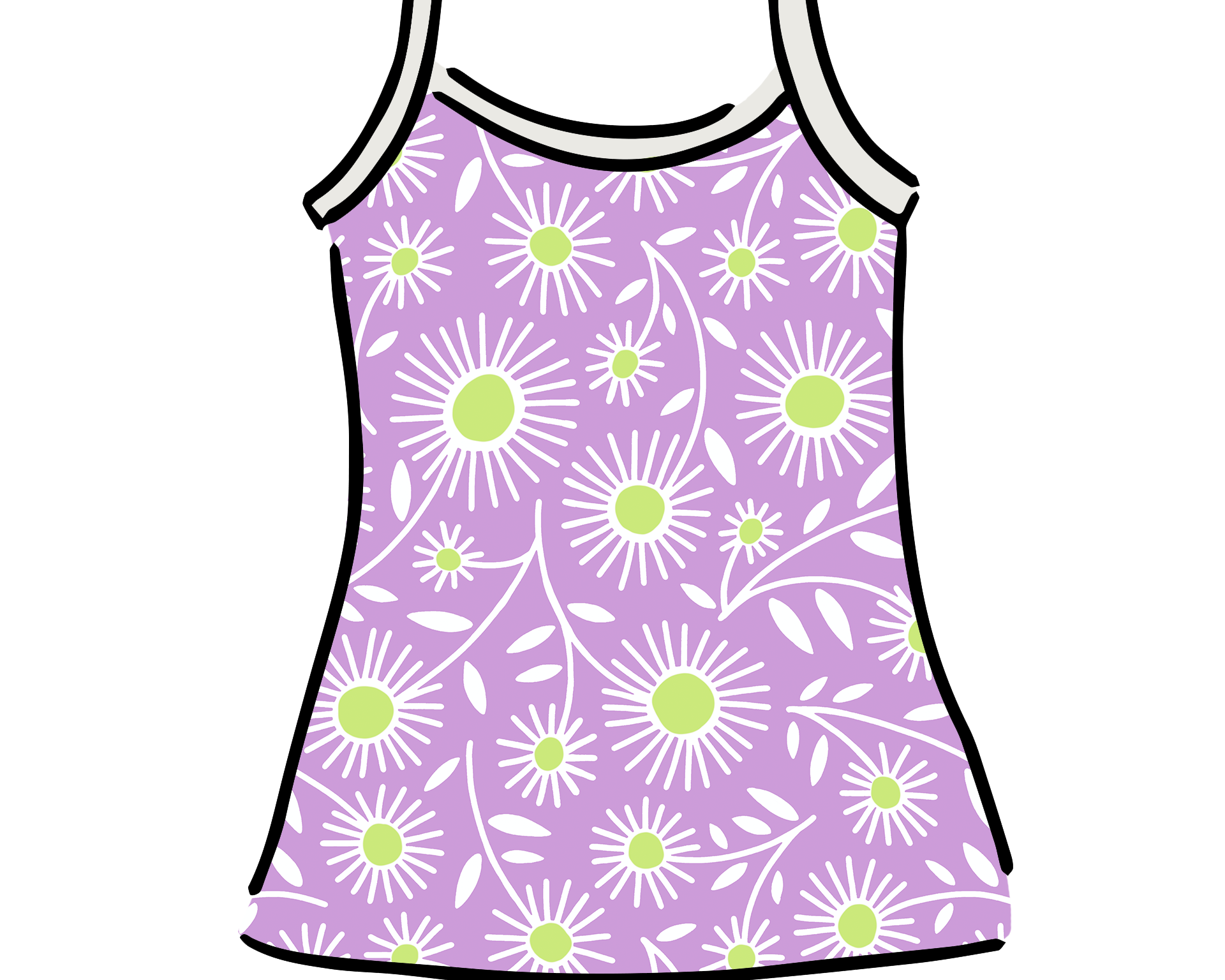 Drawing of Thunderpants Cami in Delia's Daisy - white, green, and purple daisies print.