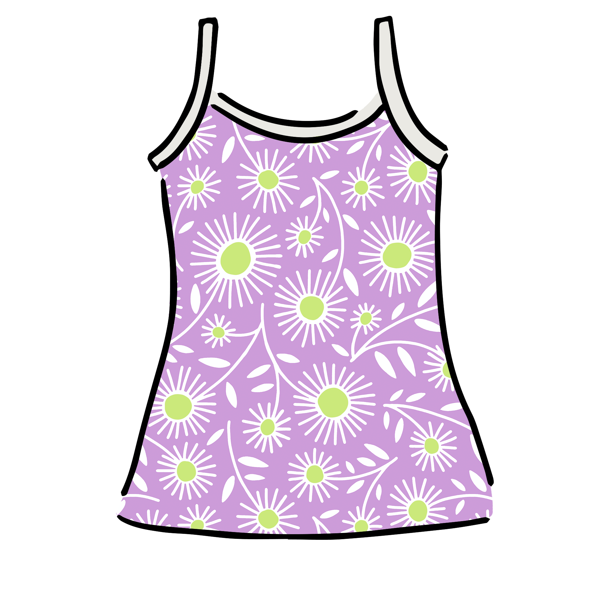 Drawing of Thunderpants Cami in Delia's Daisy - white, green, and purple daisies print.
