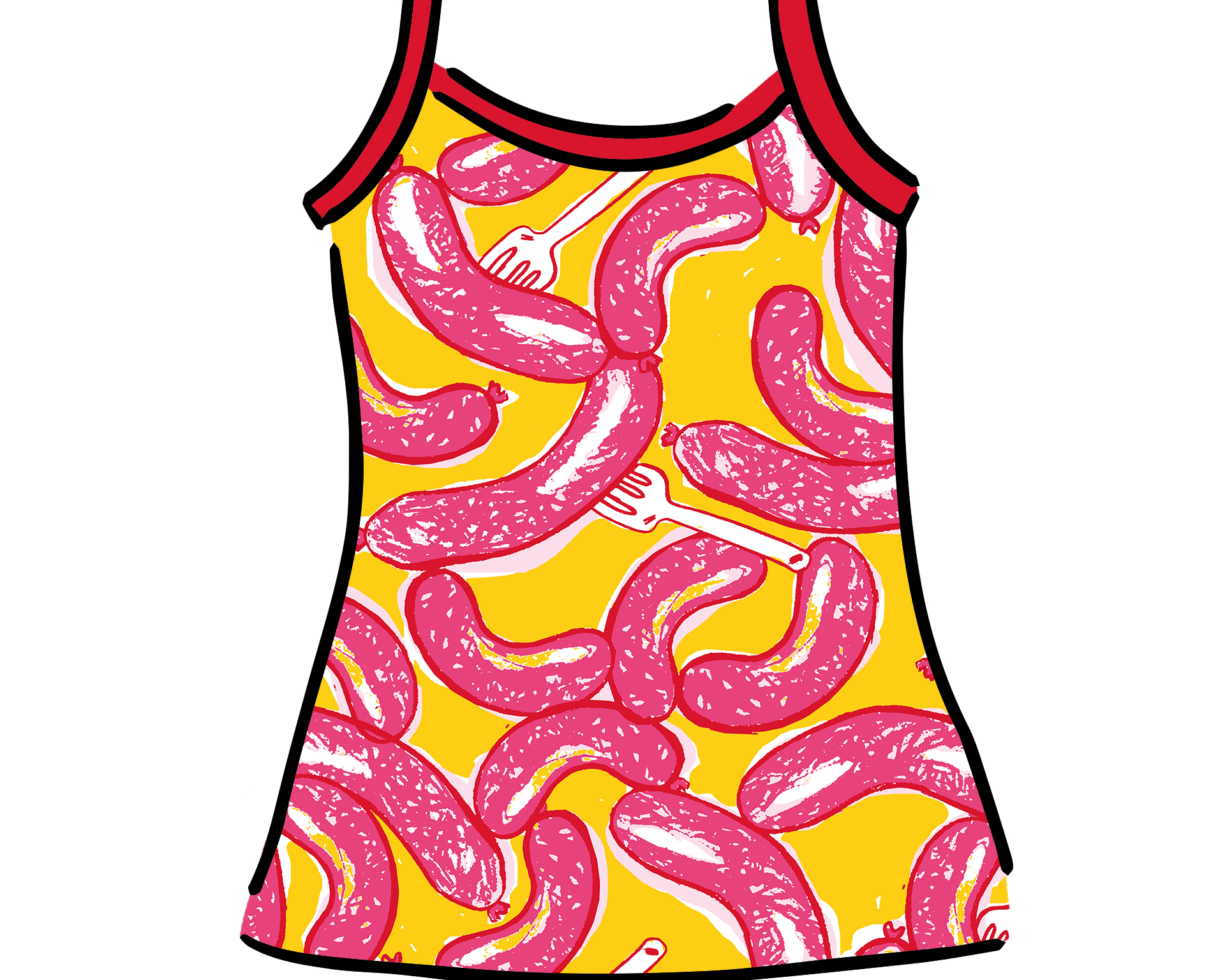 Drawing of Thunderpants Cami in Hot Dawg! print - pink sausages on yellow background and red binding.
