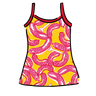 Drawing of Thunderpants Cami in Hot Dawg! print - pink sausages on yellow background and red binding.