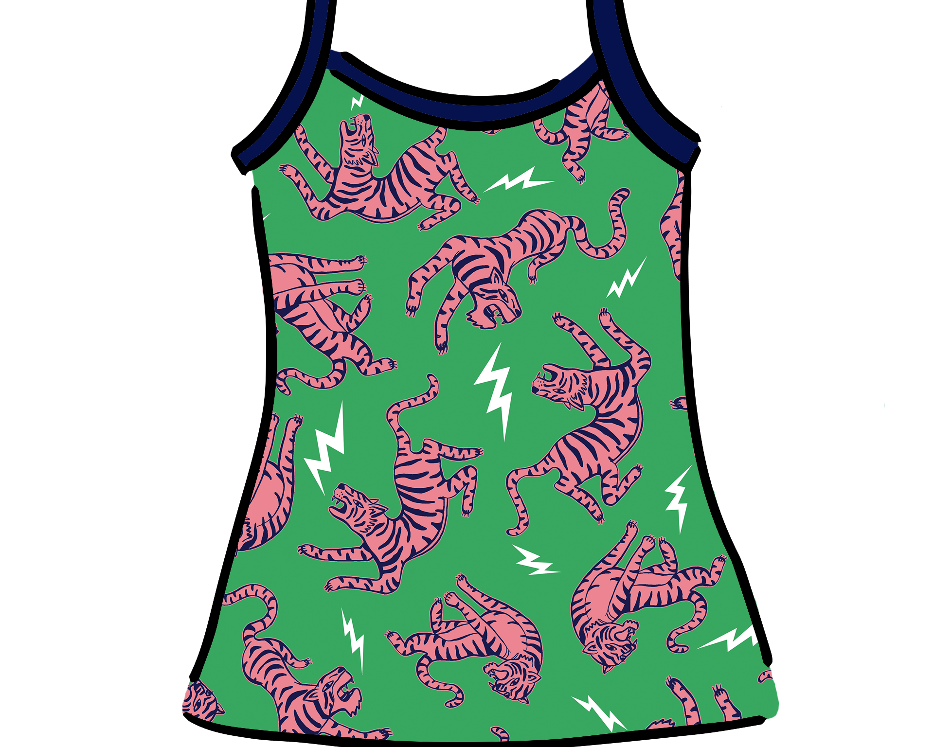 Drawing of Thunderpants organic cotton Cami in Electric Tiger - green with pink and blue tigers and white lightning bolts.